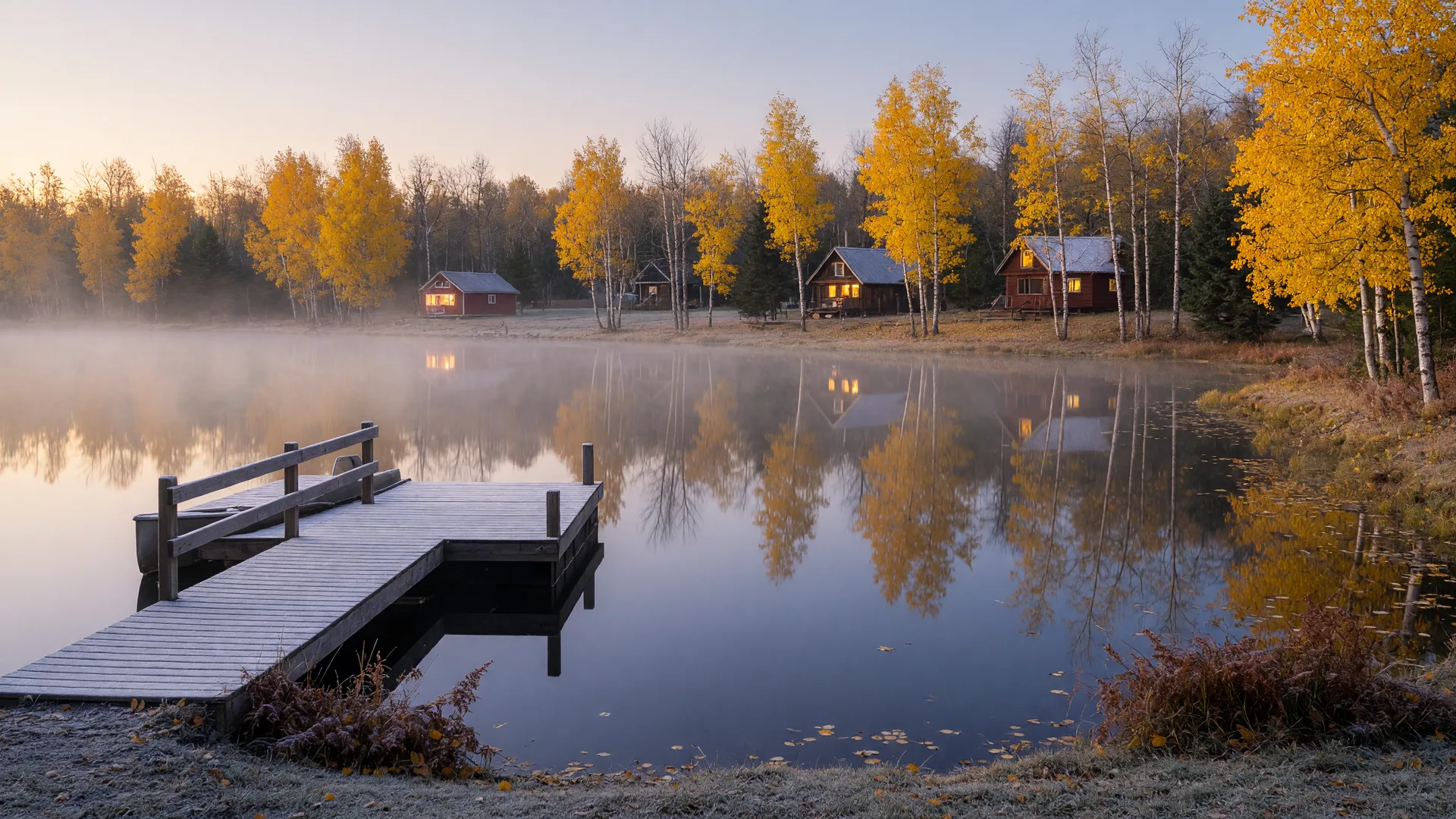 A central Minnesota lake at first light in mid-October after the first hard frost, with golden aspen and birch along the shoreline, a frost-skinned wooden dock in still water, and mist over the lake