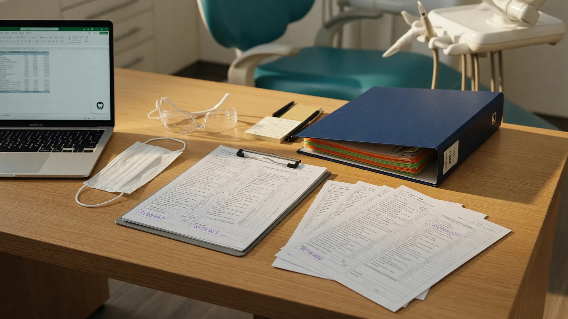 Dental office compliance binder and inspection checklist documents on a desk with a laptop, face mask, and safety glasses in warm afternoon light