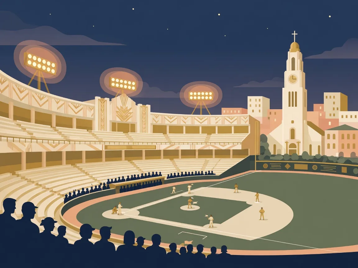 Editorial illustration of a historic horseshoe-shaped ballpark at dusk with a city skyline beyond