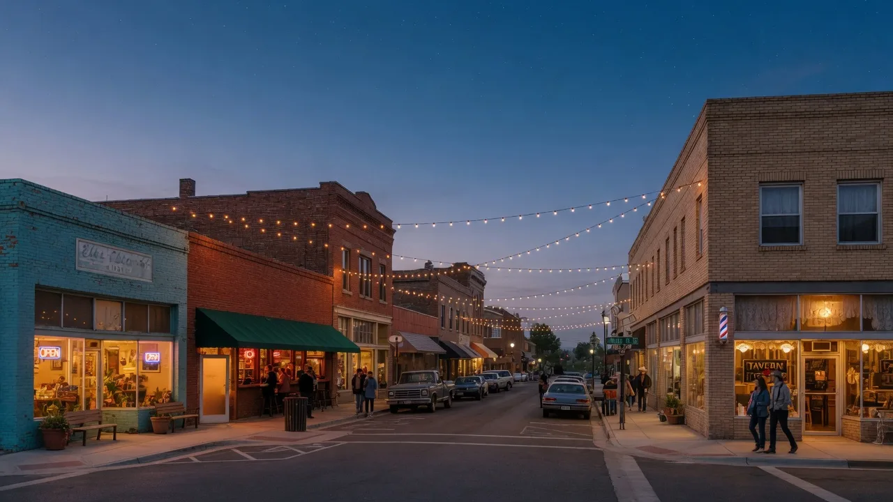 A historic Nevada main street at dusk with warm window lights