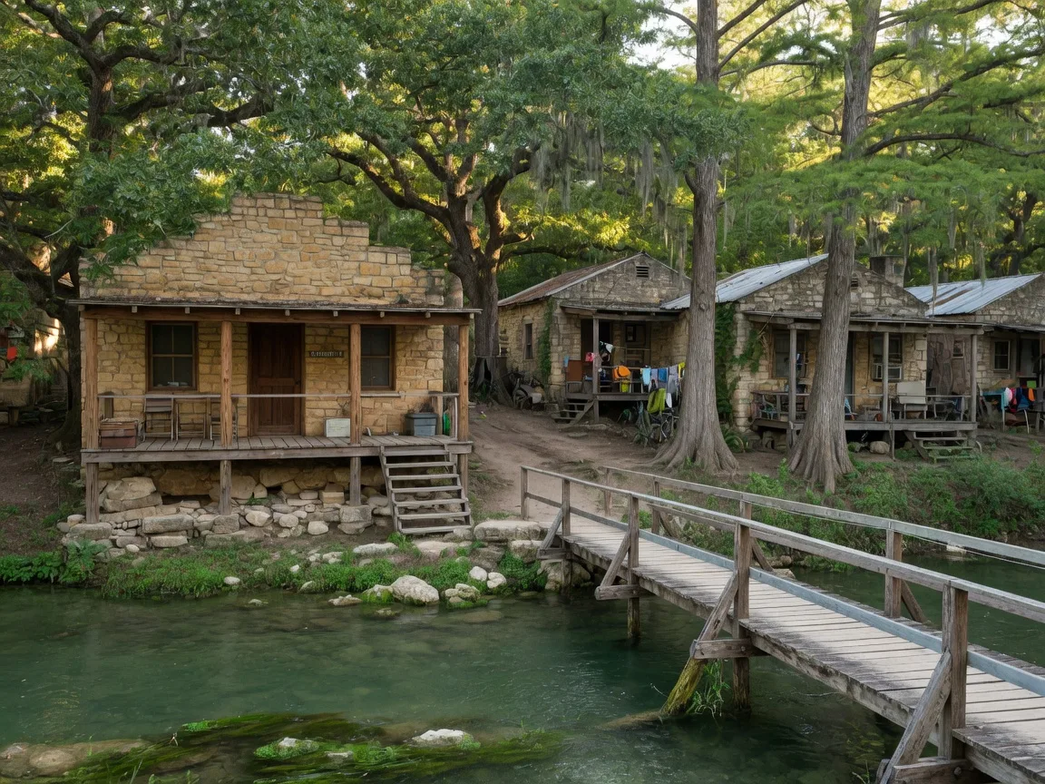 Rustic limestone cabin lodges beside the clear green River Rio with a small wooden bridge in warm morning light