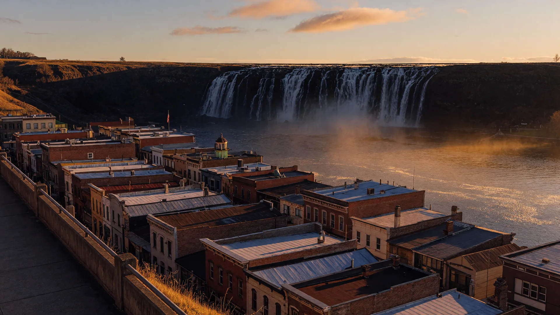 Historic downtown Oregon City at golden hour with the Willamette River and Willamette Falls in the distance