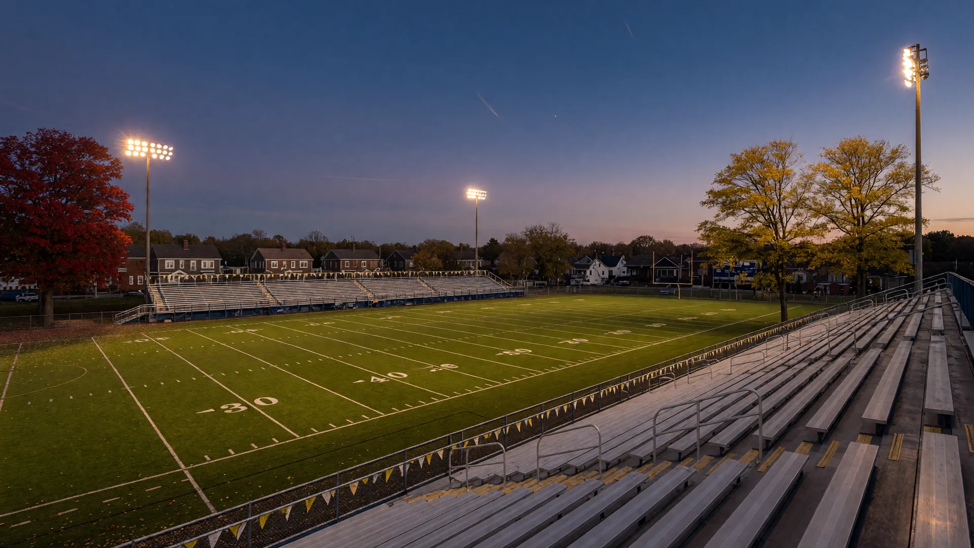 An empty high school football stadium in a North Jersey town at dusk, floodlights glowing against a twilight sky