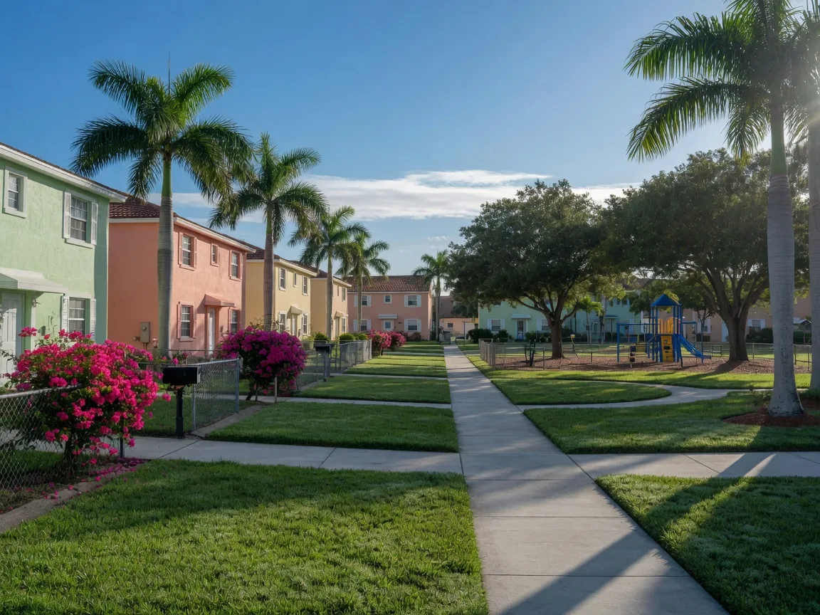 A tidy Hialeah Gardens residential street on a clear morning, with pastel stucco homes, royal palms, bougainvillea, and a small neighborhood park