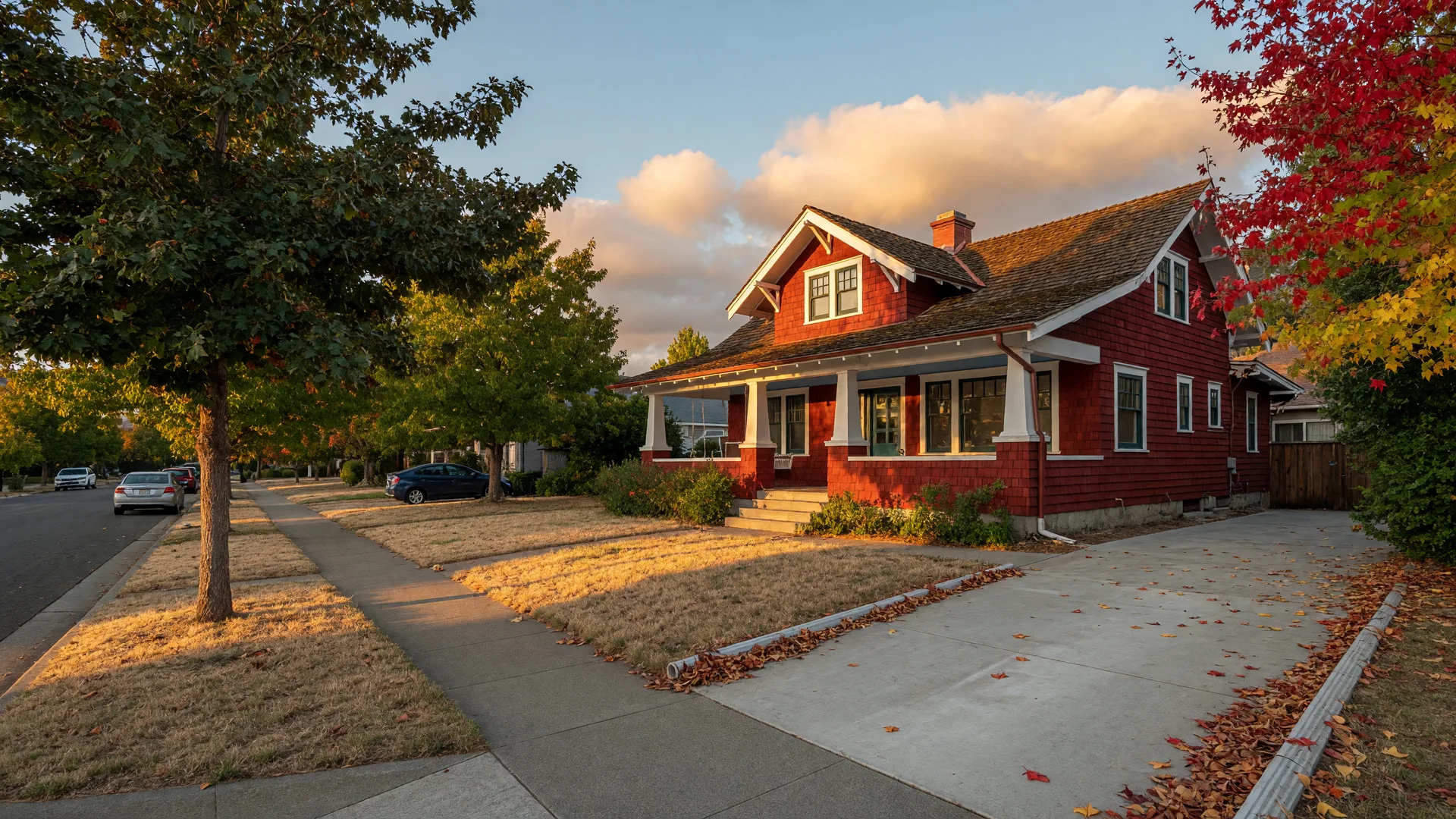 A craftsman home on a Novato street in warm late-September light with autumn clouds gathering on the horizon