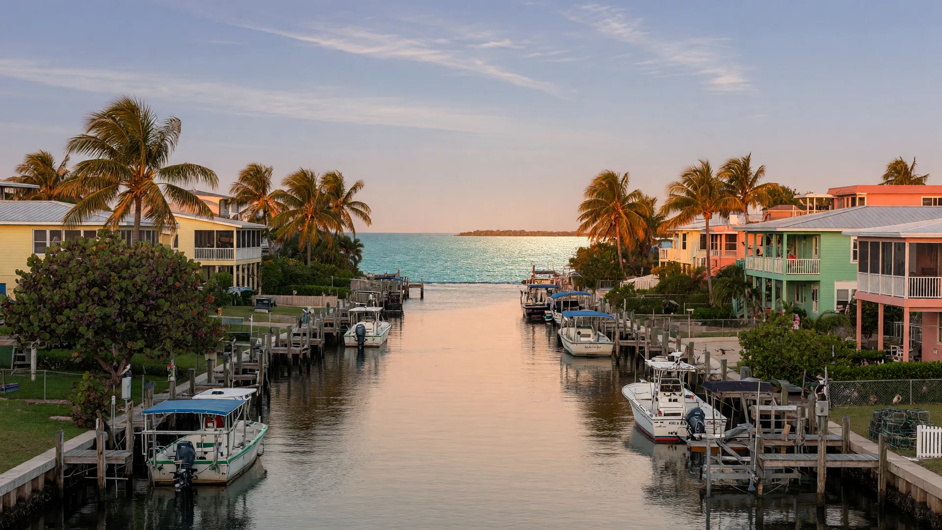 Gulf Harbors canal-front homes in New Port Richey on concrete pilings, each with a private wooden dock and moored boat, palm trees along the banks, and the Gulf of Mexico glinting behind the rooftops at golden hour