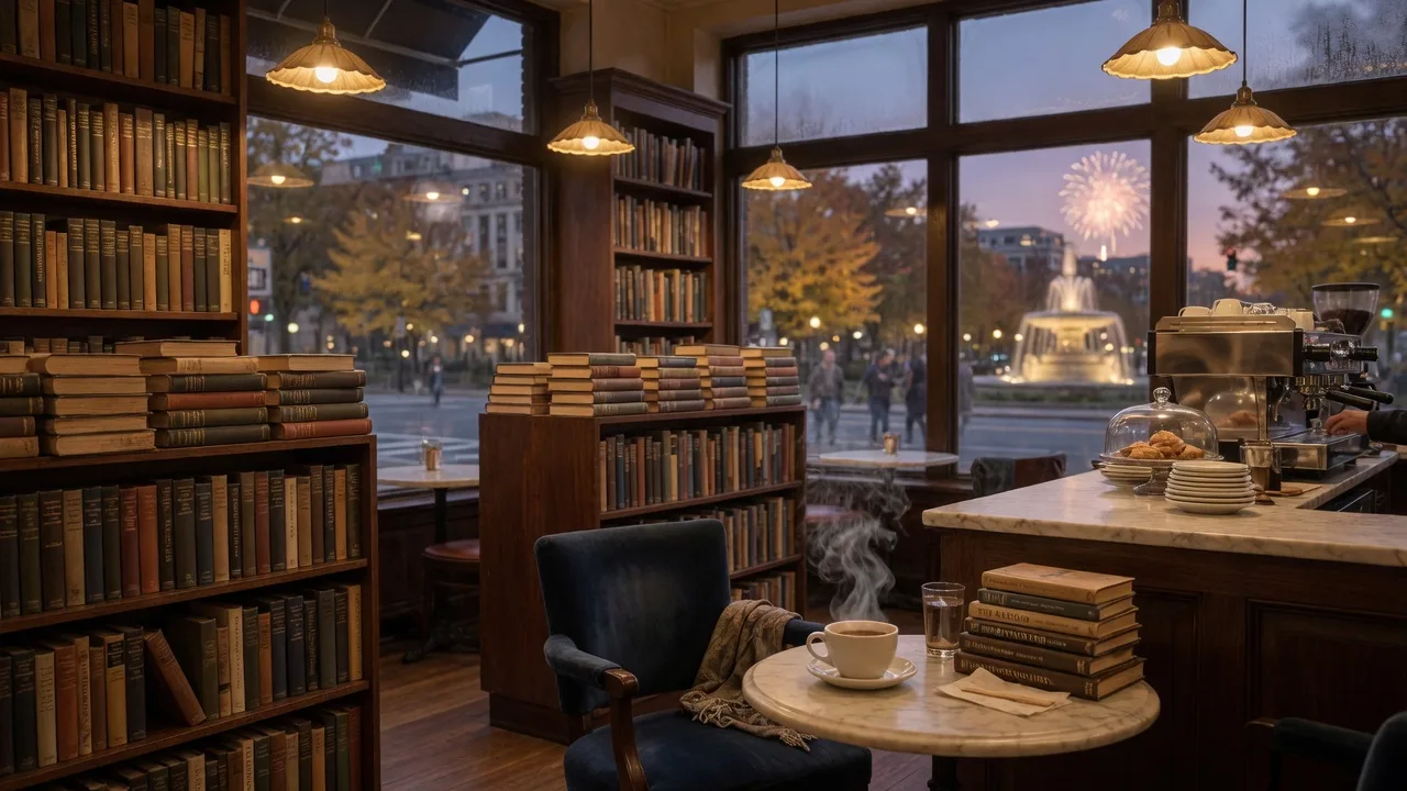 Inside Kramers, the longtime bookstore and cafe in Dupont Circle, Washington, DC: wooden bookshelves filled with hardcovers, brass pendant lights glowing over a cafe counter and reading chairs on a fall evening