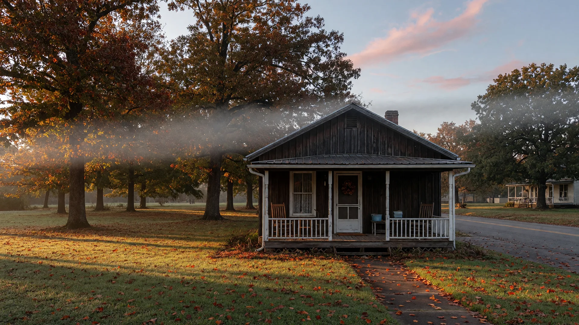 Country home with dark siding on a tree-lined Main Street in Omaha Texas on a crisp misty October morning