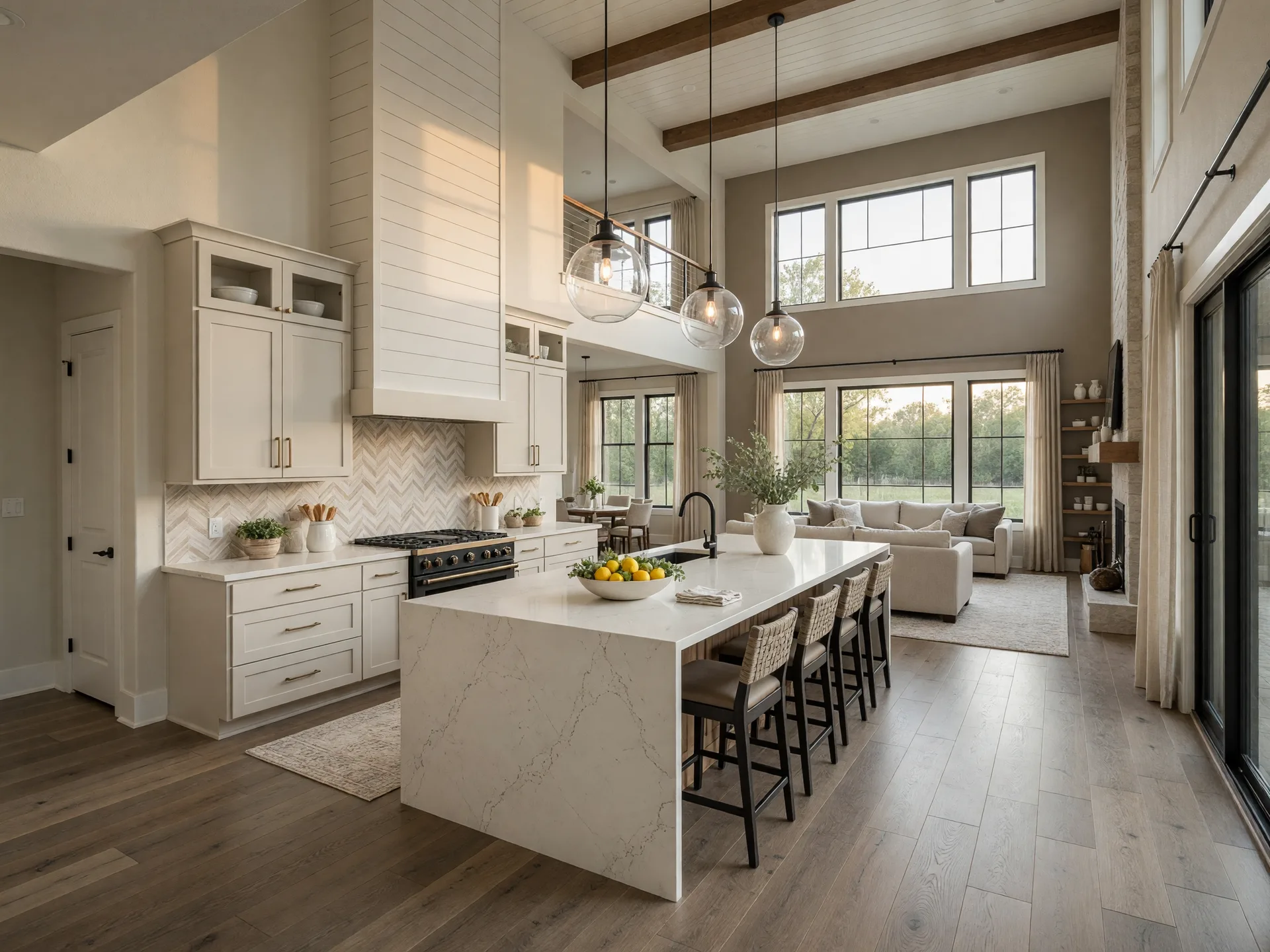 Beautifully designed new construction home interior in Overland Park with high ceilings, gourmet kitchen, and natural light