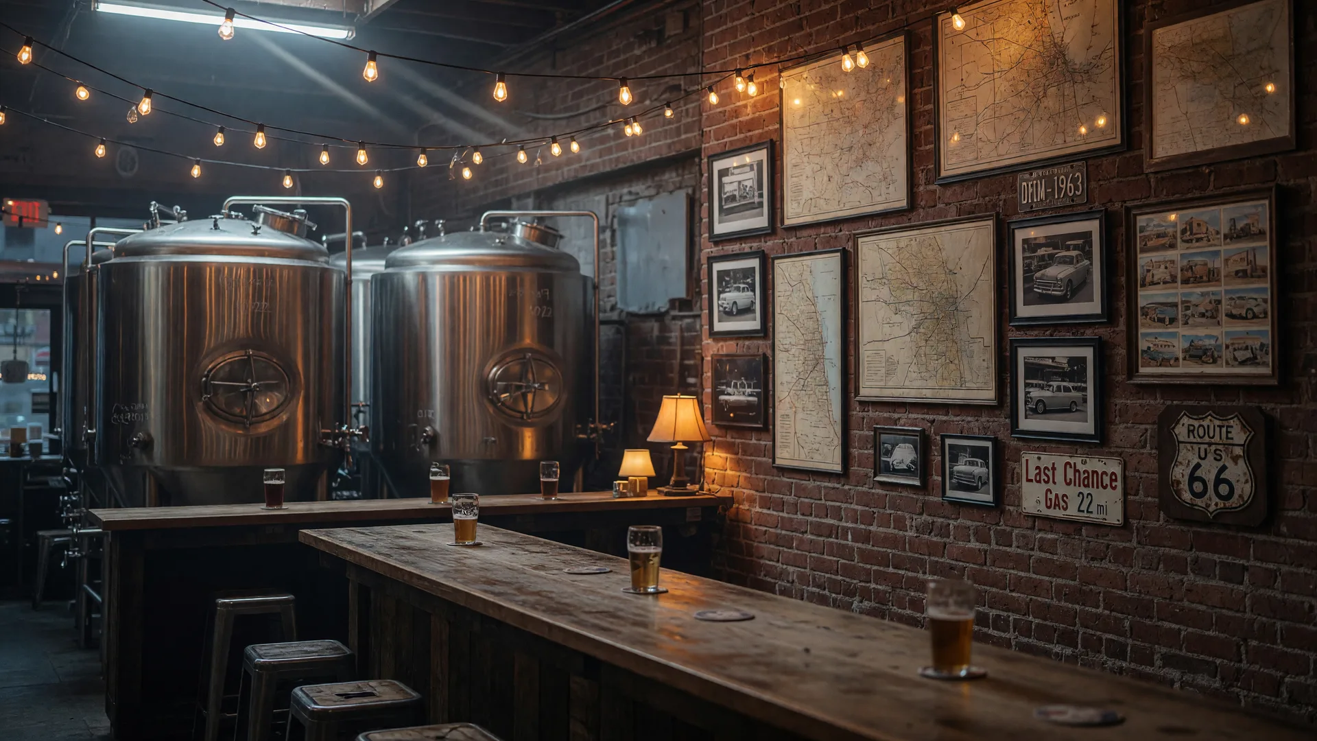 A craft brewery taproom with stainless steel tanks, string lights, and framed maps on a brick wall in evening light