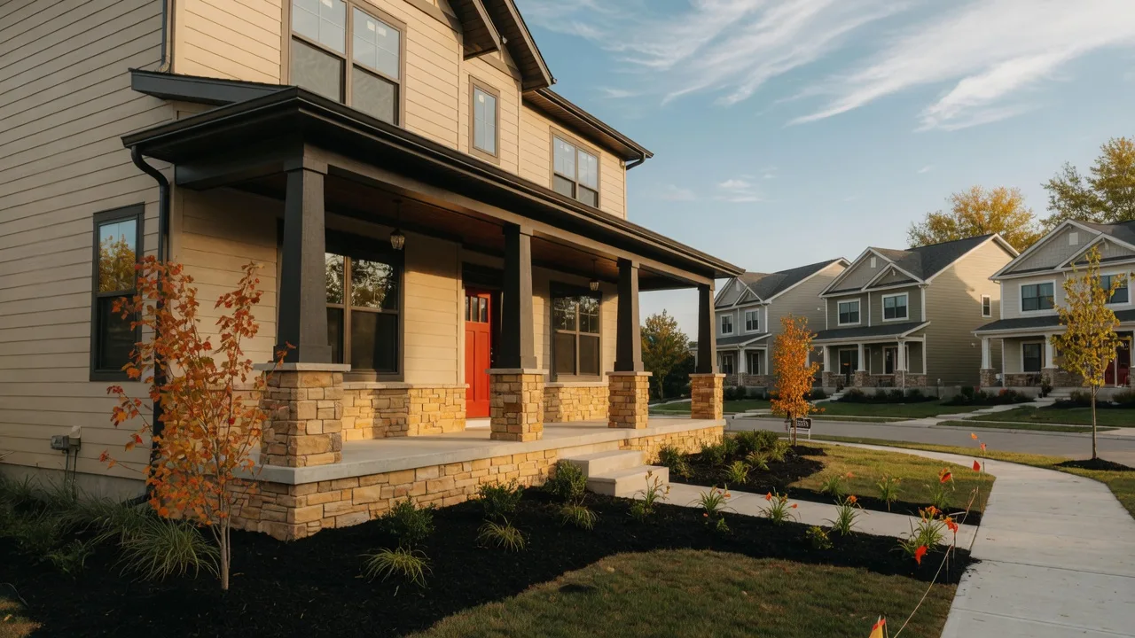Newly built two-story craftsman-style home in a Northwest Indiana subdivision in late September, stacked stone accents, covered front porch, dark-framed windows reflecting golden autumn trees, and fresh landscaping