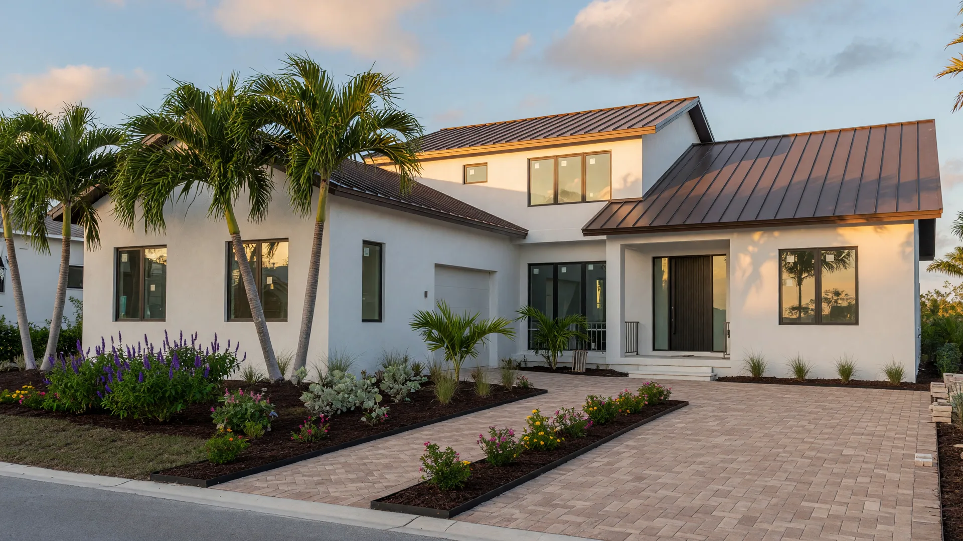 Brand-new modern coastal home with tropical landscaping in a Southwest Florida community