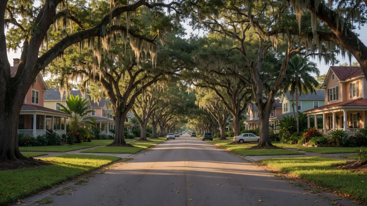 McGregor Boulevard in Fort Myers lined with a towering canopy of banyan trees and live oaks