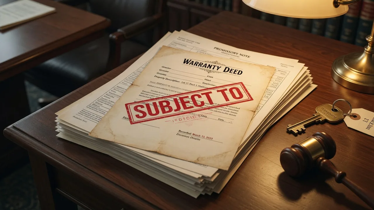 Property deed with Subject To stamp in red ink over mortgage documents with brass key and gavel