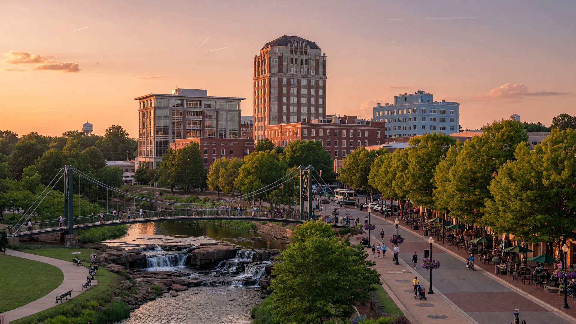 Downtown Greenville at golden hour, with a tree-lined Main Street and a pedestrian suspension bridge over the Reedy River falls