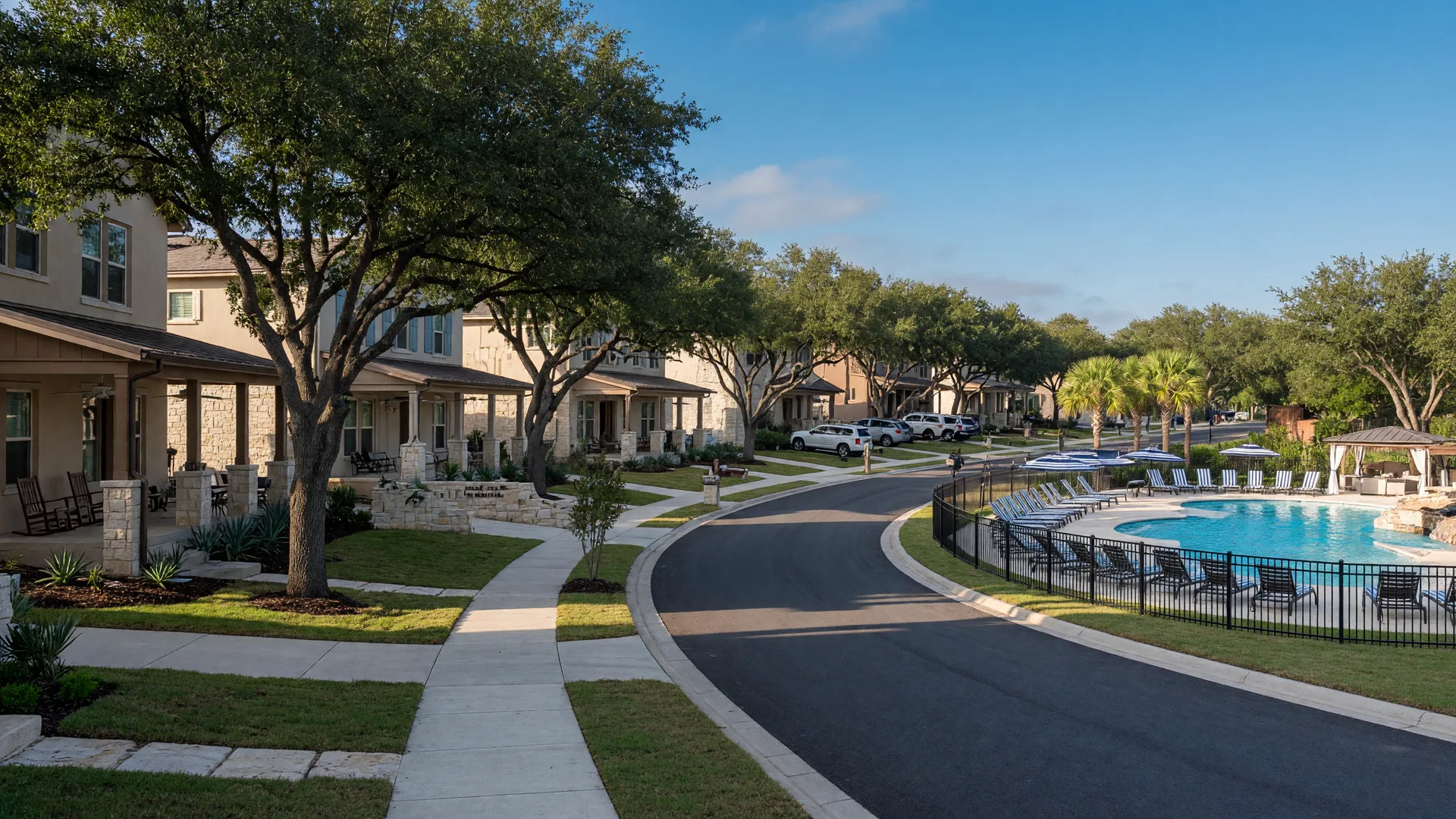 A newer master-planned Texas Hill Country community with limestone homes along a tree-lined street