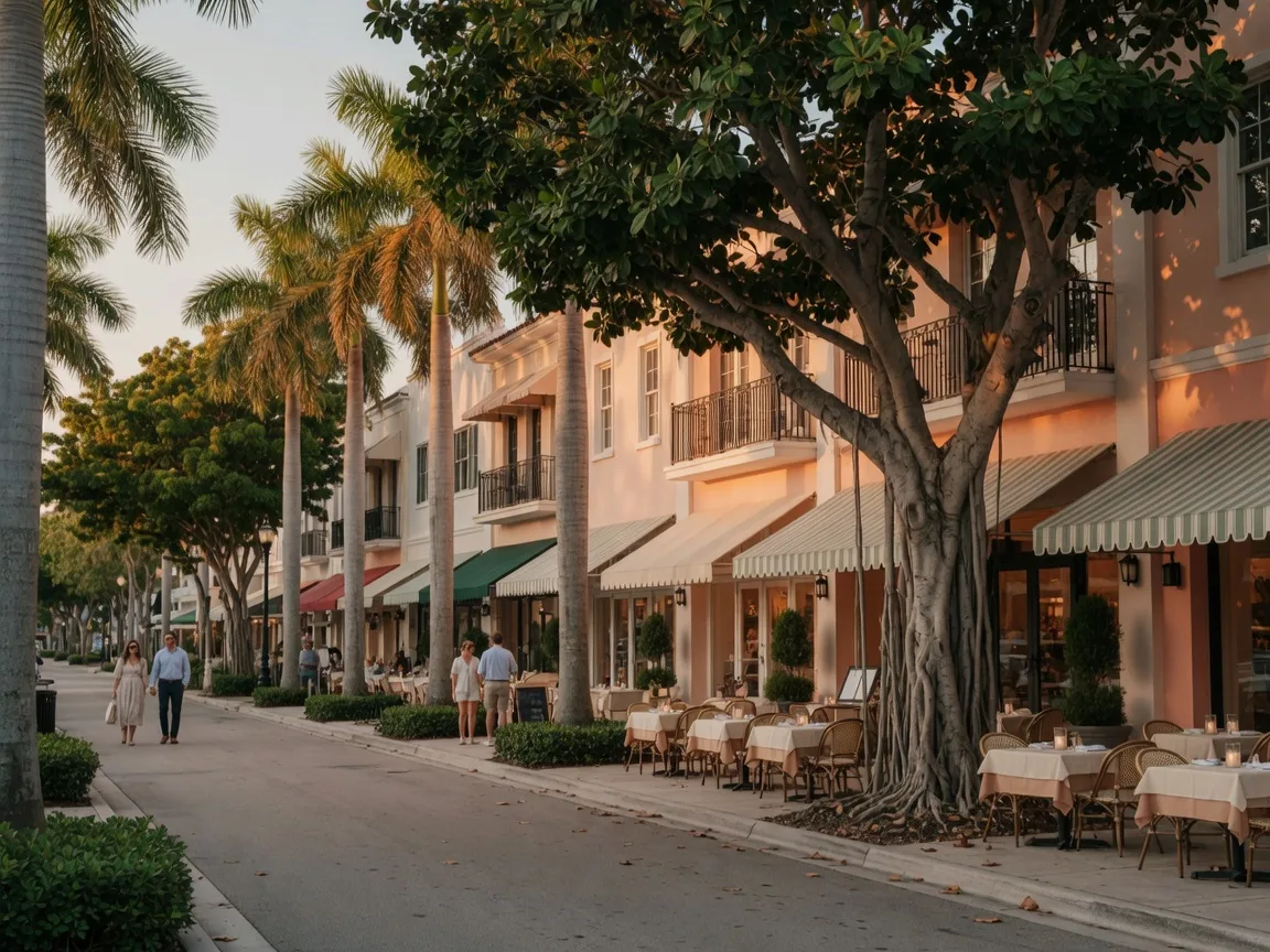 Fifth Avenue South in downtown Naples with banyan trees, boutique storefronts, and outdoor restaurant seating