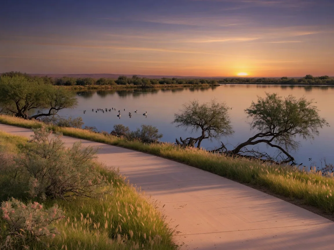 Desert lake and walking trail in a Chandler nature park at dusk