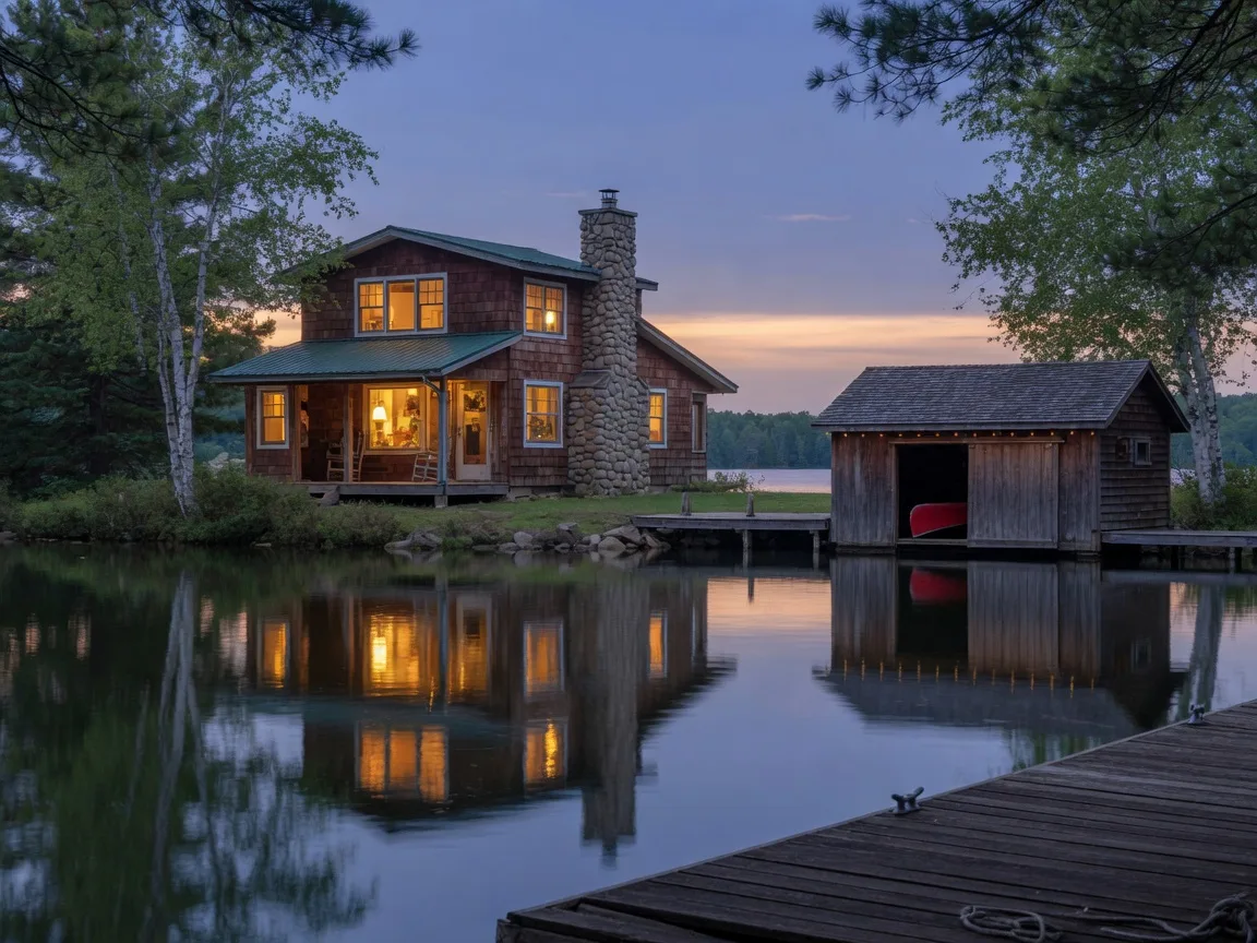 A cedar-sided lakeside Minnesota cabin at dusk with warm lamplight in the windows, birch and pine on the shoreline, and a boathouse at the water's edge, seen from a wooden dock across still water