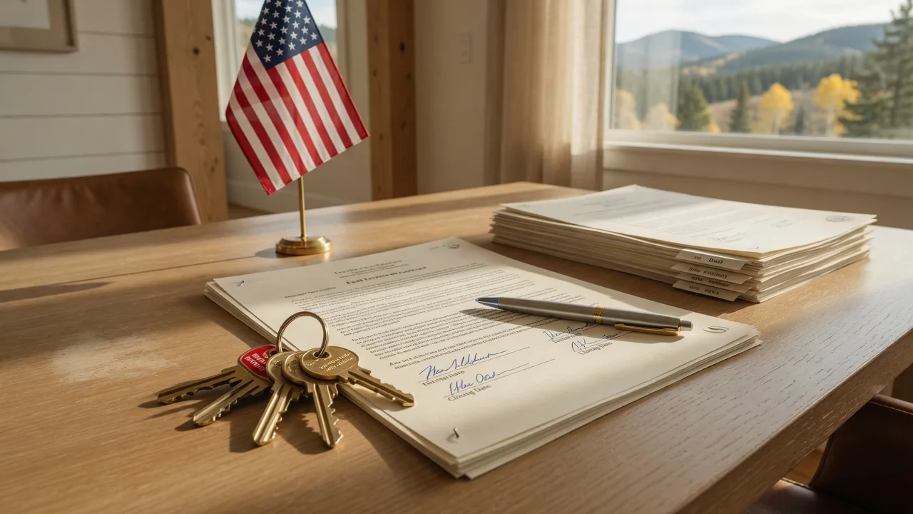House keys and a signing pen resting on a freshly signed real estate contract in warm afternoon light