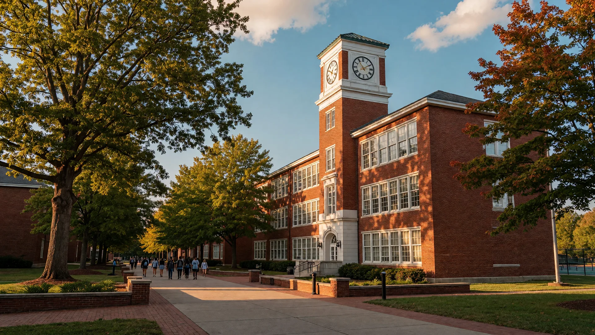 Red brick high school campus with a clock tower in a tree-lined Tennessee suburb on a bright late-summer morning