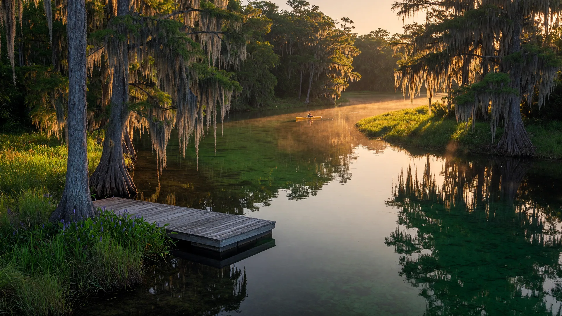 Crystal-clear emerald Weeki Wachee River in Spring Hill, Florida at golden hour, cypress trees and Spanish moss along the banks, with a distant kayak and a wooden dock