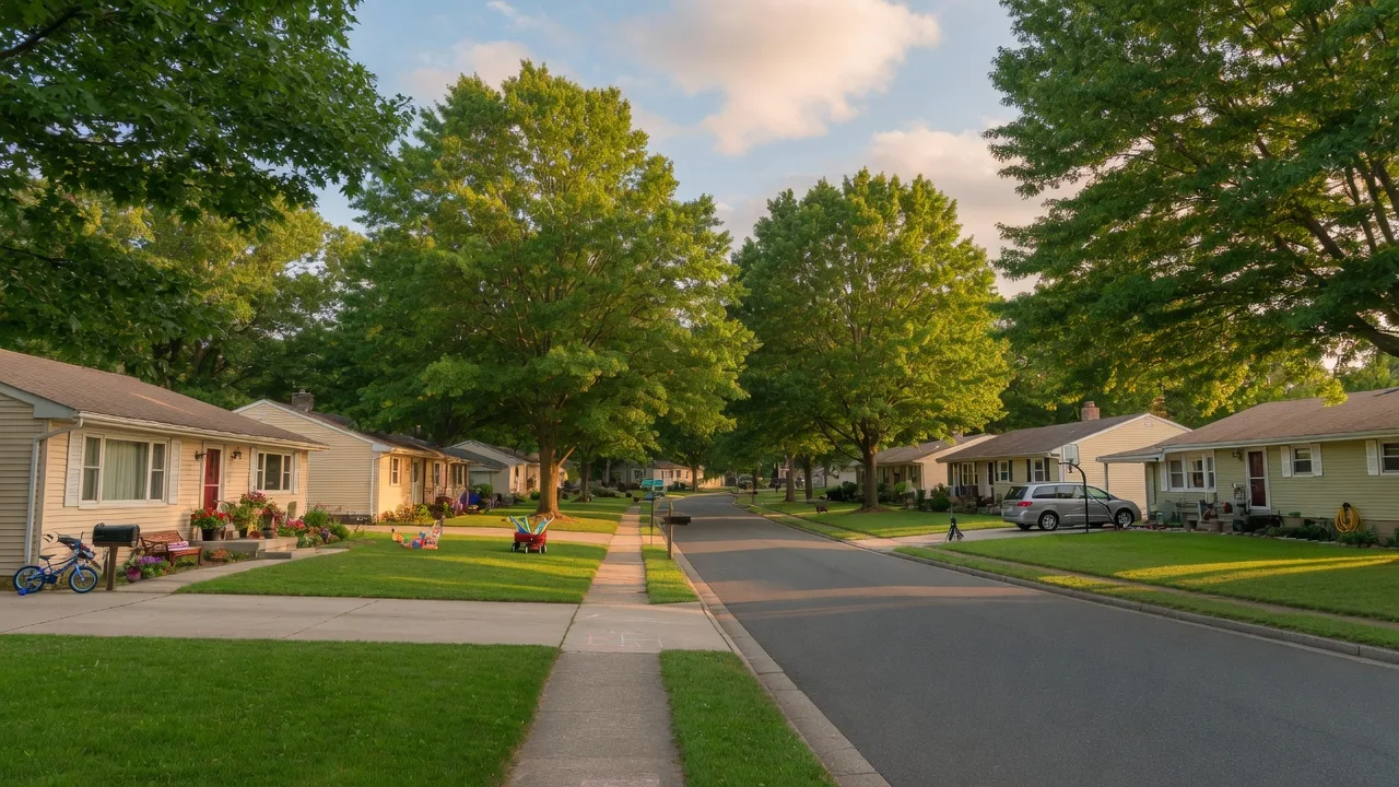 Quiet residential street in Willingboro with mature trees and ranch homes