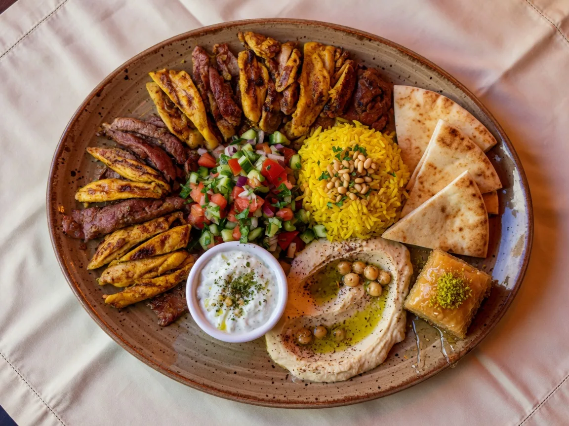 Generous Mediterranean grill spread at Delight Grill in Dacula Georgia with shawarma, saffron rice, tzatziki, hummus, pita, and baklava