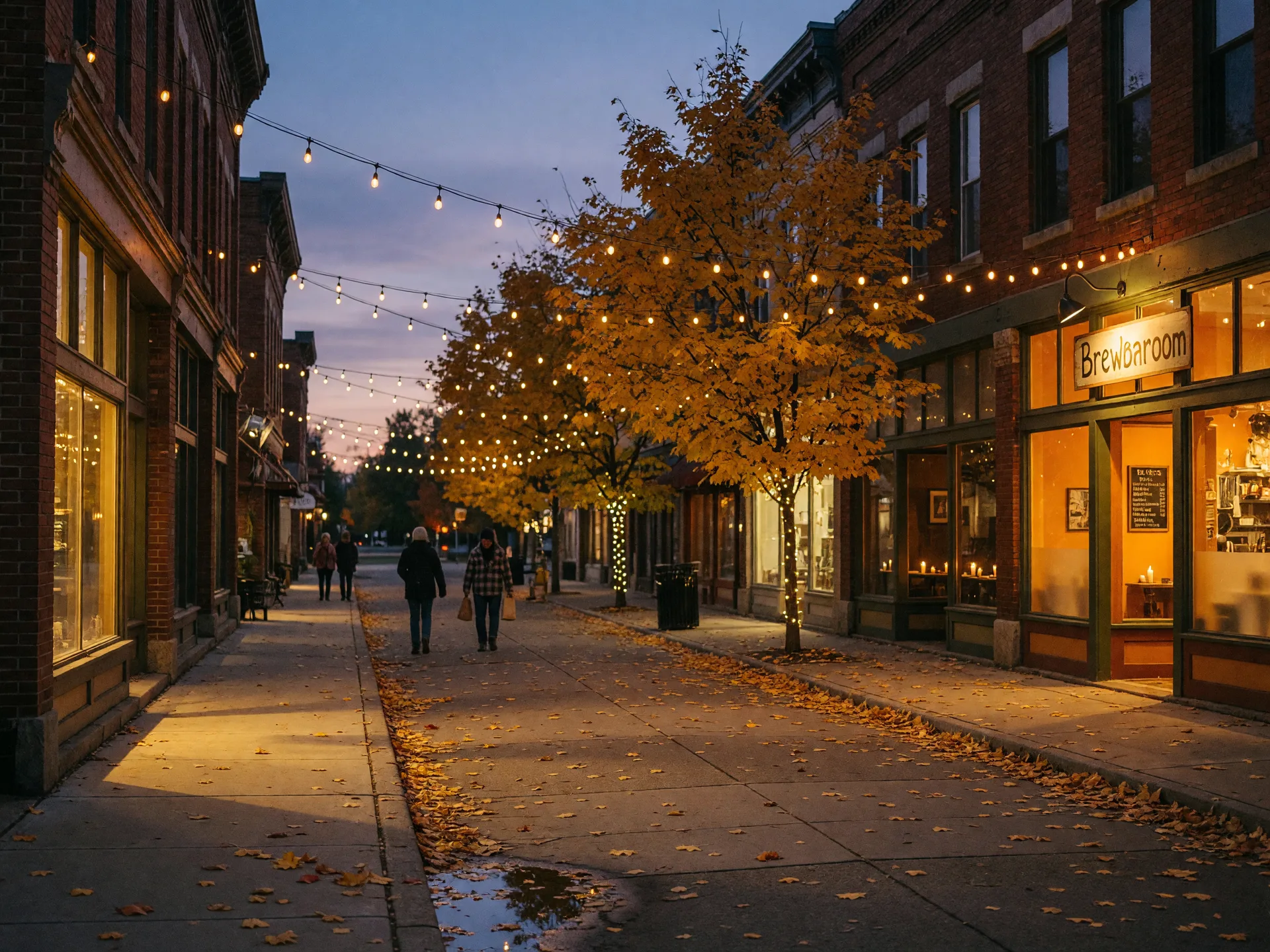 A classic Michigan main street on an October evening, with glowing storefronts, string lights, and golden maple trees along the sidewalk