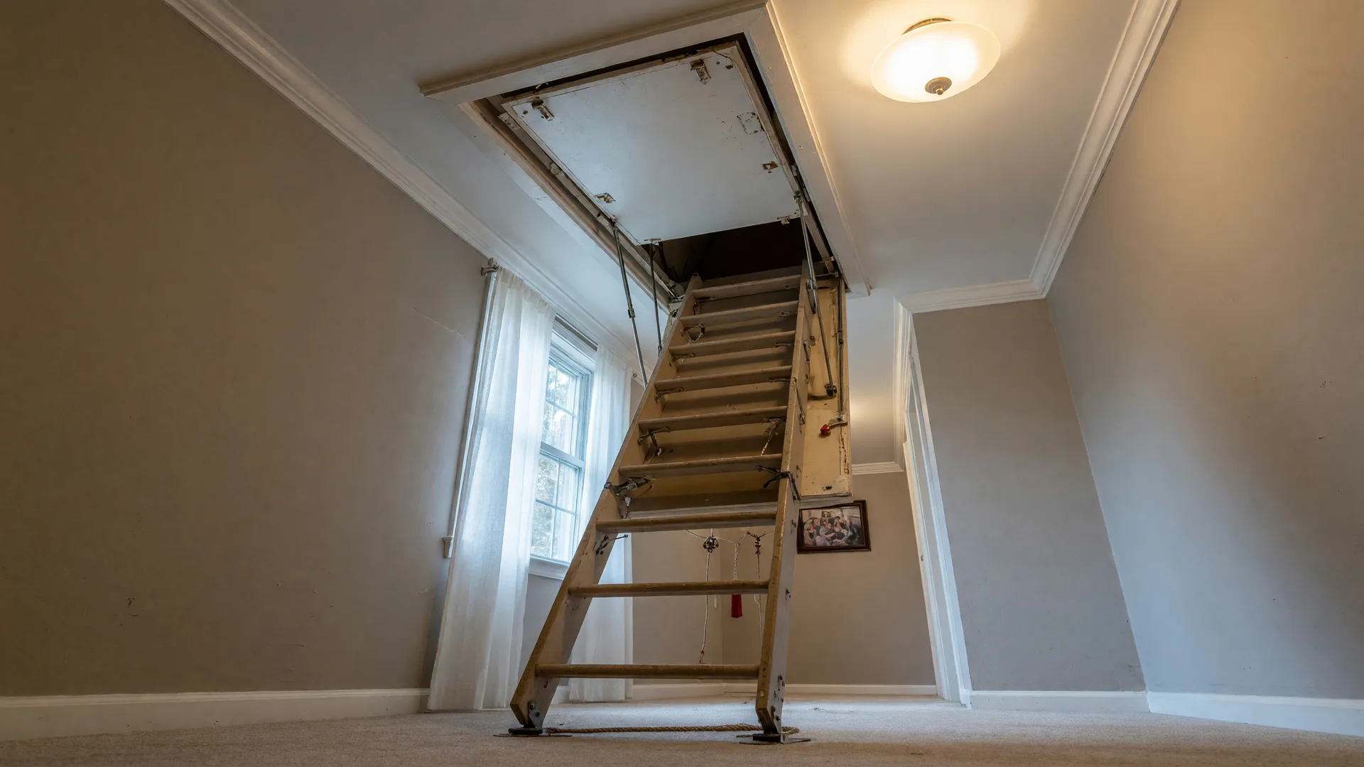Attic pull-down ladder deployed in a residential home with warm interior lighting