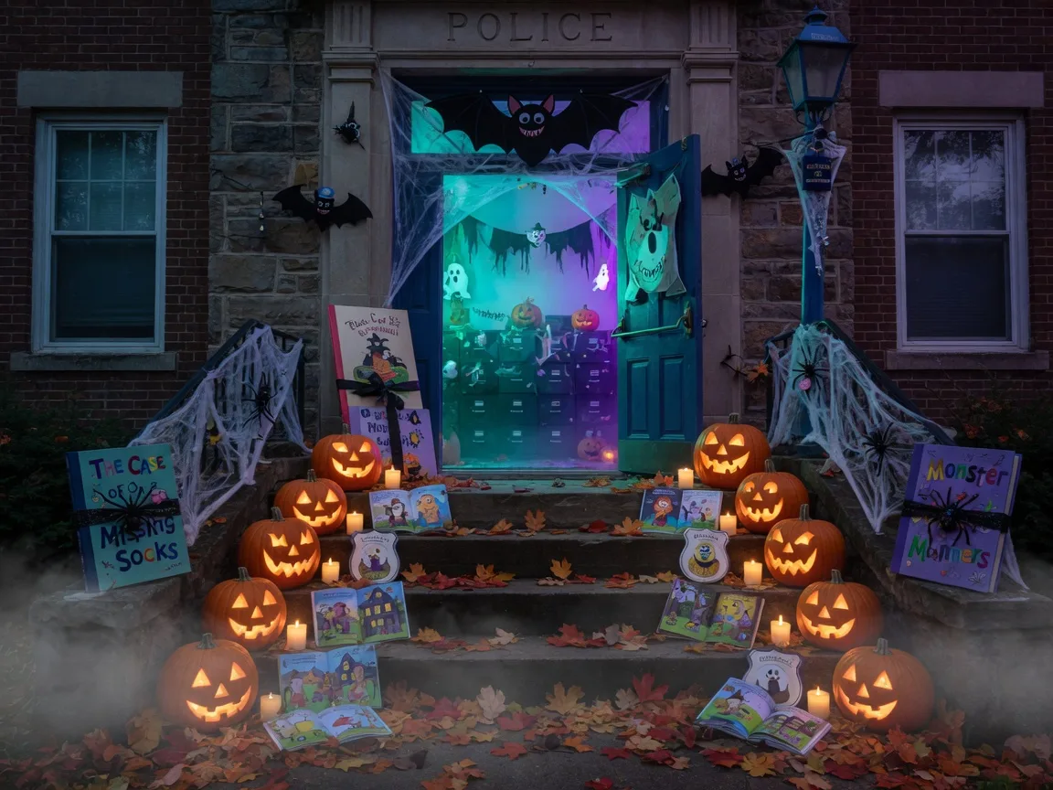 A family-friendly haunted house entrance at a small-town police station, doorway glowing with teal and purple light, carved pumpkins and scattered storybooks on the steps