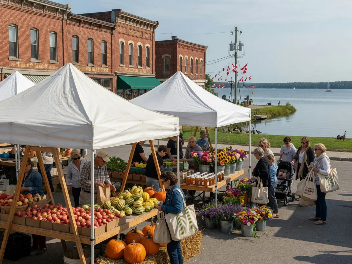 A farmers market in a lakeside Ontario town on a bright September morning with wooden stalls under white canopies piled with apples, squash, pumpkins, cut flowers and jars of honey, heritage storefronts and a calm lake in the background