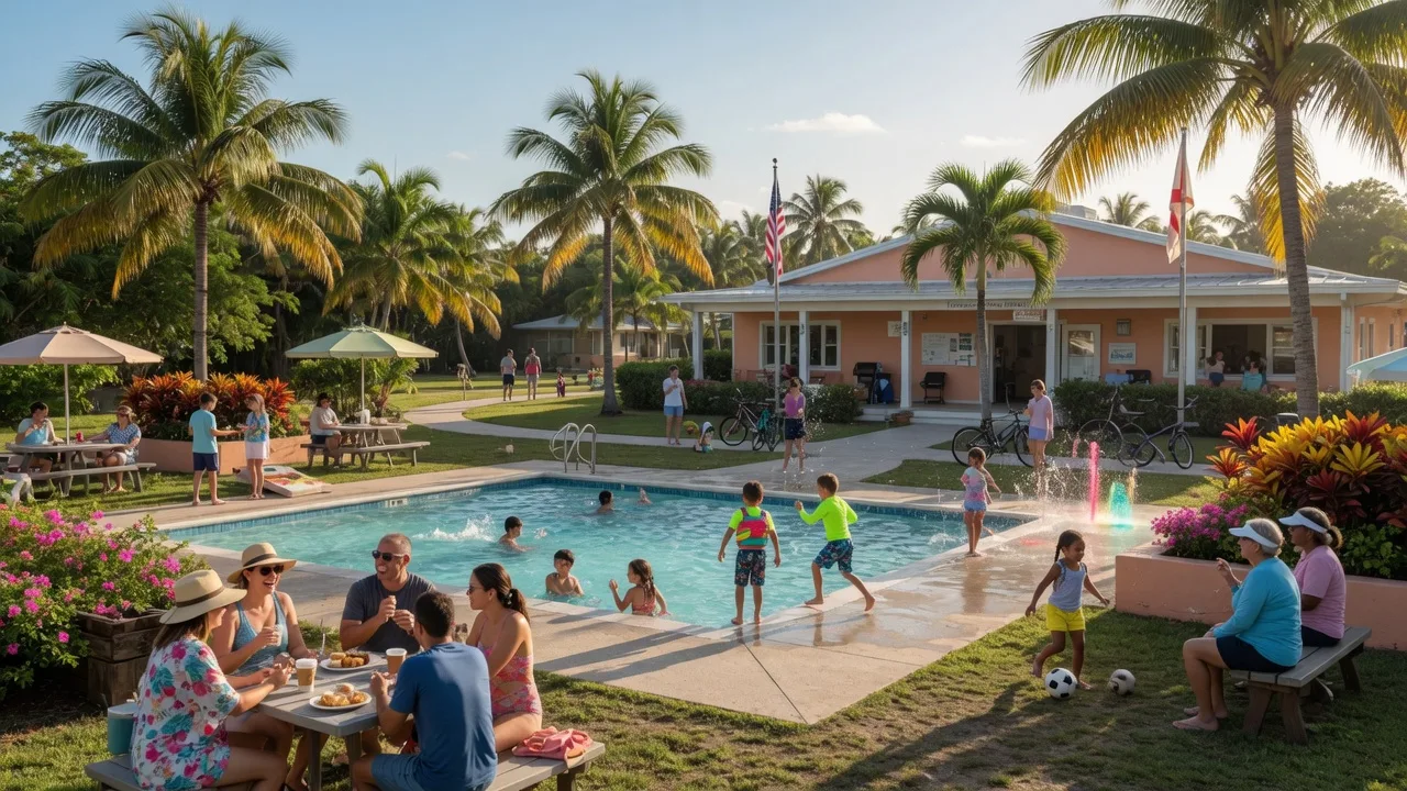 Bright morning at Founders Park in Islamorada with families enjoying the community pool and park facilities, tropical landscaping and blue sky