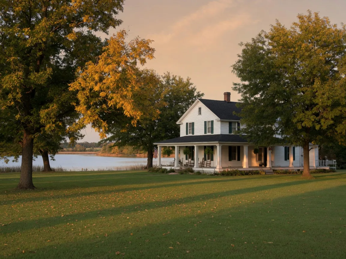 A historic white farmhouse with a covered porch and white columns across a flat green lawn, mature pecan trees showing the first gold of autumn, and a lake visible beyond the treeline