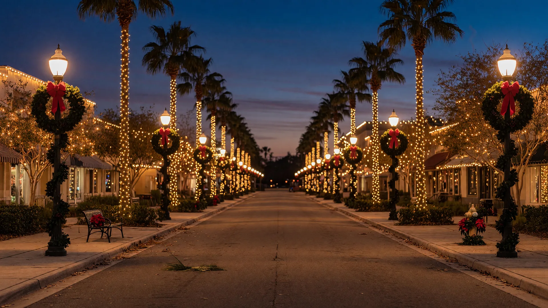 Illustrative image of a Florida Main Street decorated with warm holiday lights at dusk