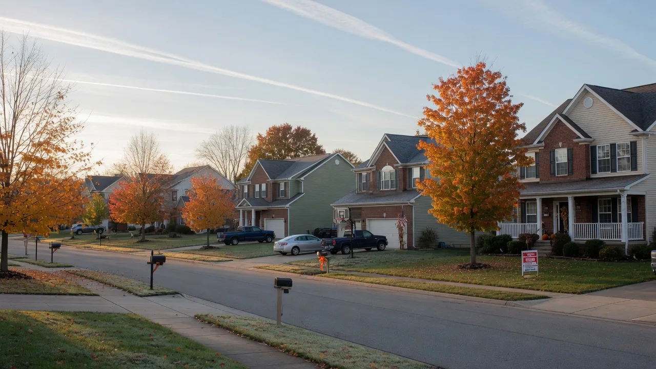 A quiet suburban street in Beavercreek, Ohio on a crisp late-October morning, newer two-story colonial and craftsman homes with brick and vinyl facades on mature grassy lots, a for-sale sign staked in one front yard, sugar maples and oaks turning orange and gold along the curb