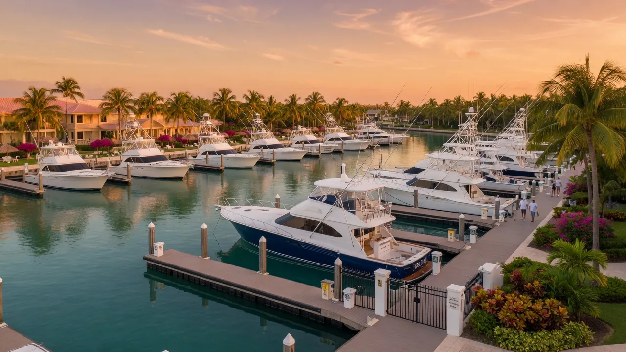 A full-service deep-water marina in Marathon, Florida Keys at golden hour, rows of white and navy sportfishing yachts moored along modern fixed docks with palms and tropical landscaping, calm turquoise water reflecting a warm amber sky