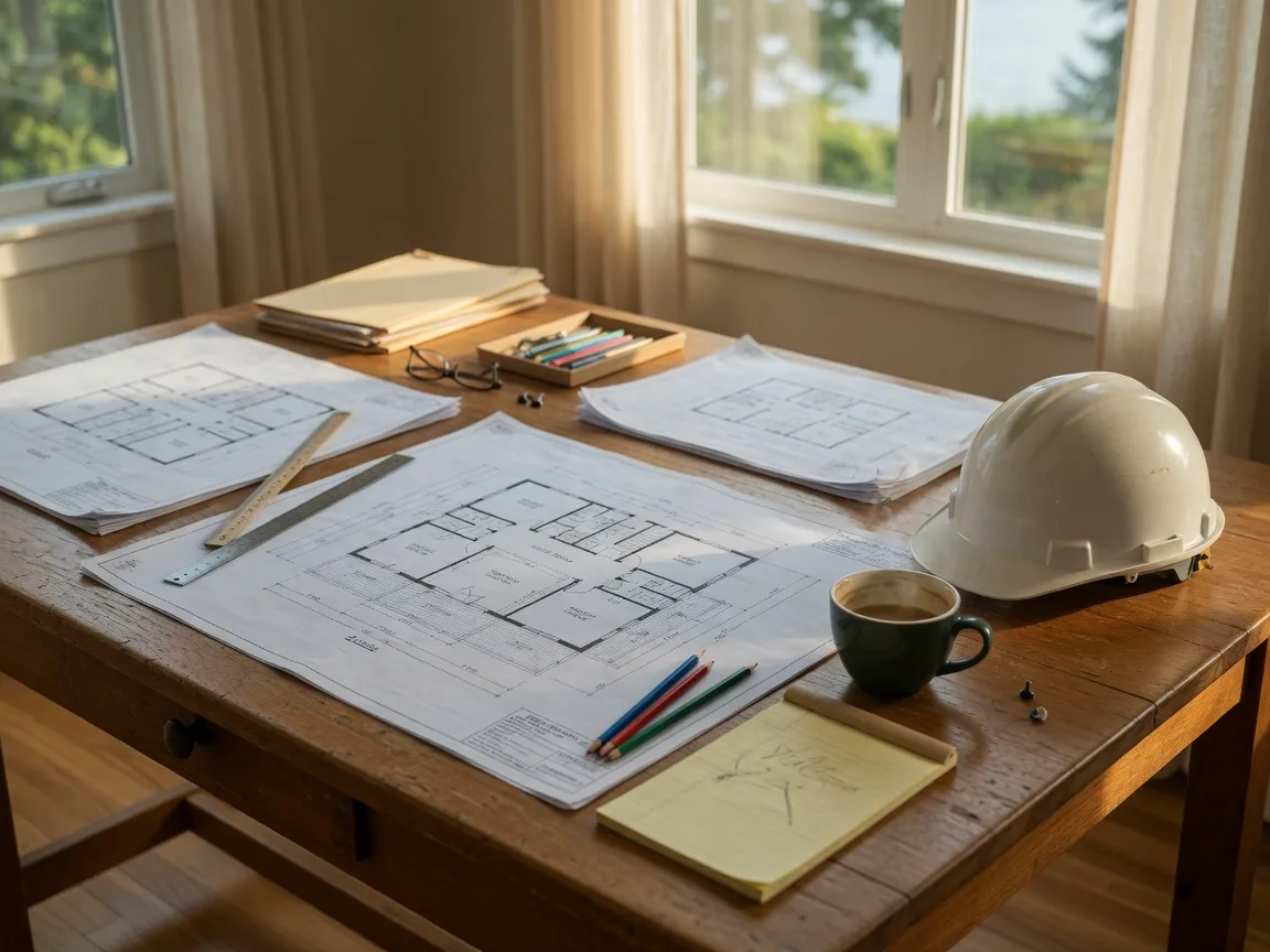 Builder's desk with architectural blueprints for a Lake Oswego custom home