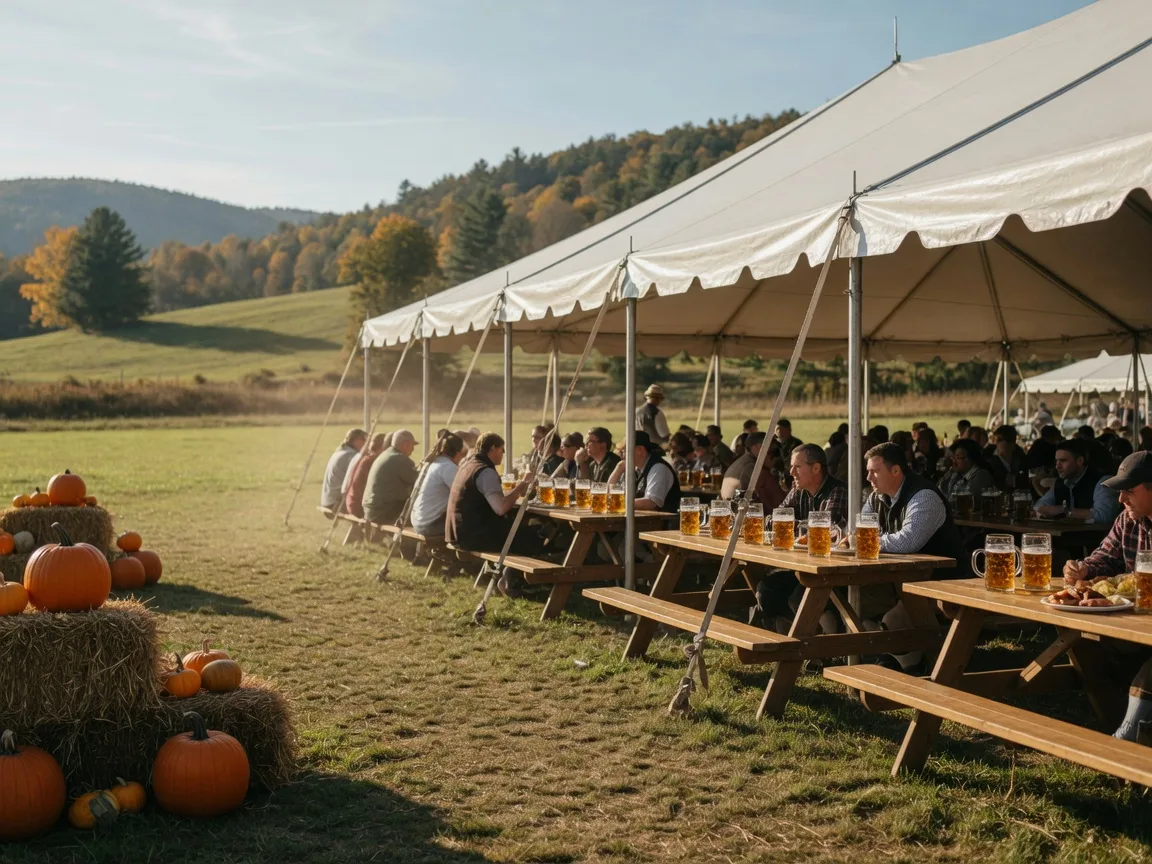 An outdoor Oktoberfest tent with long wooden tables and steins of amber beer at a Pennsylvania mountain resort on a sunny late-September afternoon