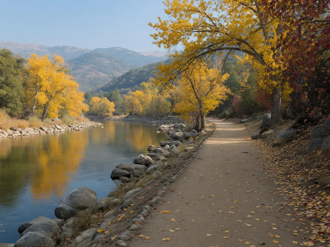 The flat packed-earth railroad-grade trail of the Merced River Trail at Briceburg running along the north bank of the Wild and Scenic Merced River in late October, golden cottonwoods and redbuds in fall color overhead with scattered amber leaves on the trail, calm water with golden reflections, granite boulders along the bank, and hazy blue oak foothills in the background
