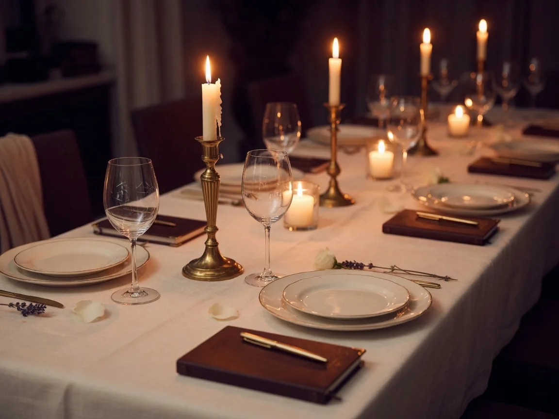 An elegant evening table prepared for a professional women's mastermind gathering with candles and notebooks
