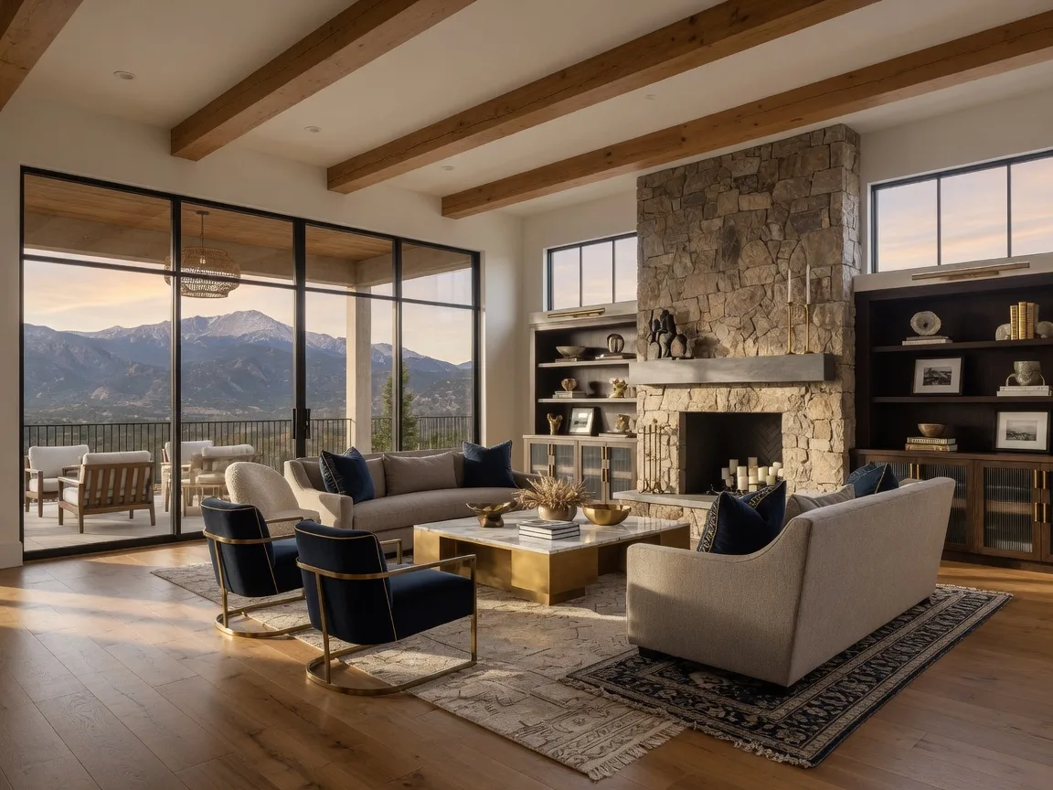 Luxury great room with floor-to-ceiling windows framing Pikes Peak