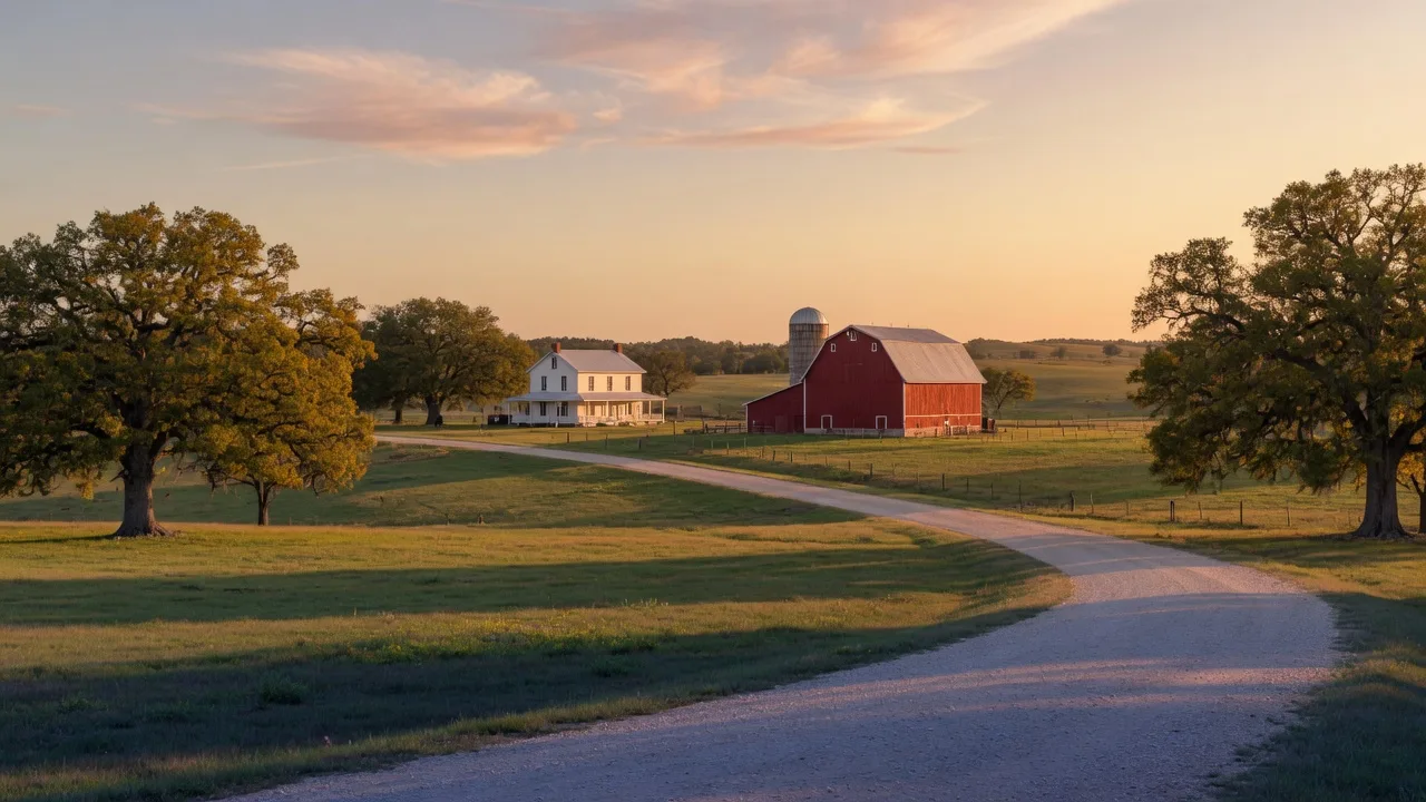 Rolling pastureland and a historic farmhouse at sunset in Fannin County, Texas