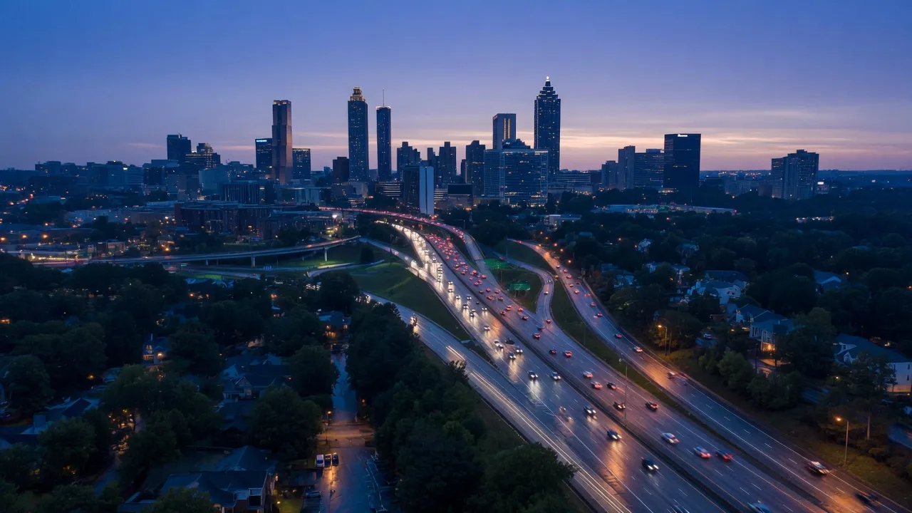 Atlanta skyline at pre-dawn rush hour with the Downtown Connector weaving through the city under a stream of car lights
