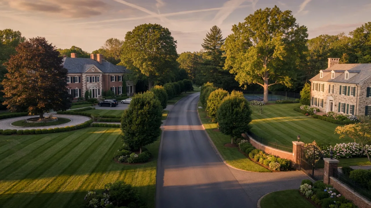 Luxury estate homes on a quiet South Jersey lane with mature trees and manicured lawns