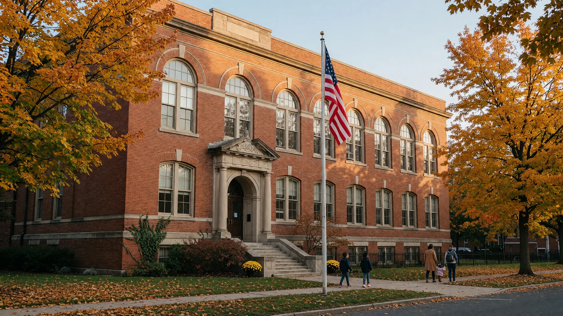 A historic red-brick public school building in Bloomfield NJ with arched stone-trimmed windows, an American flag, and golden autumn maples on a late-September morning