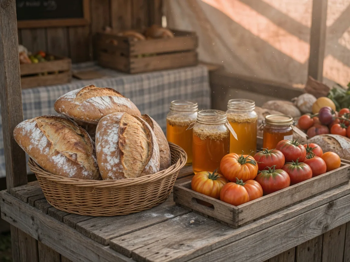 A wooden market stall with fresh sourdough bread, jars of honey, and heirloom tomatoes in soft morning light