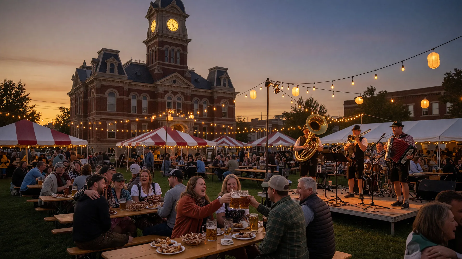 Fest tents and a beer garden under string lights in a small-town square with a historic courthouse clock tower at dusk