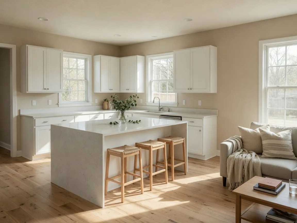 Bright open-concept kitchen with white cabinets, light quartz counters, and a large island in an Oklahoma home