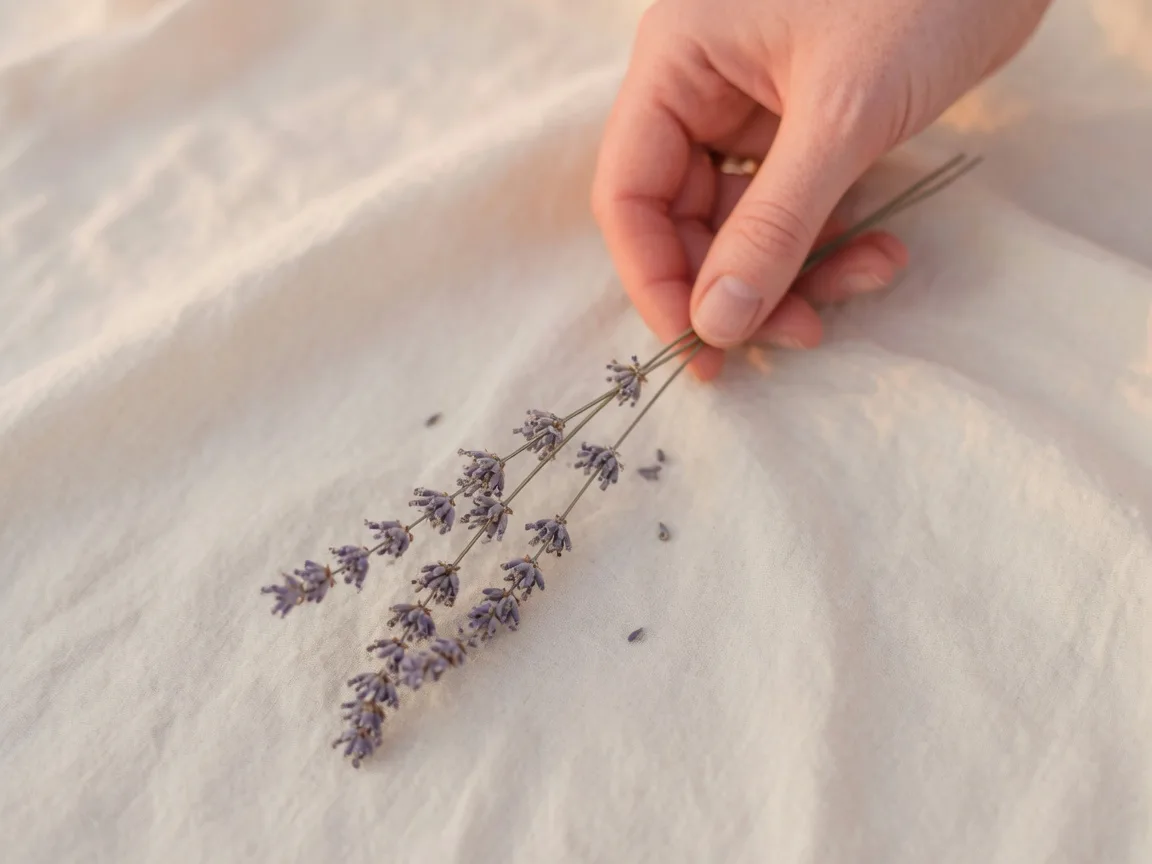 A woman's hand holding a single dried lavender stem against cream linen, soft golden light